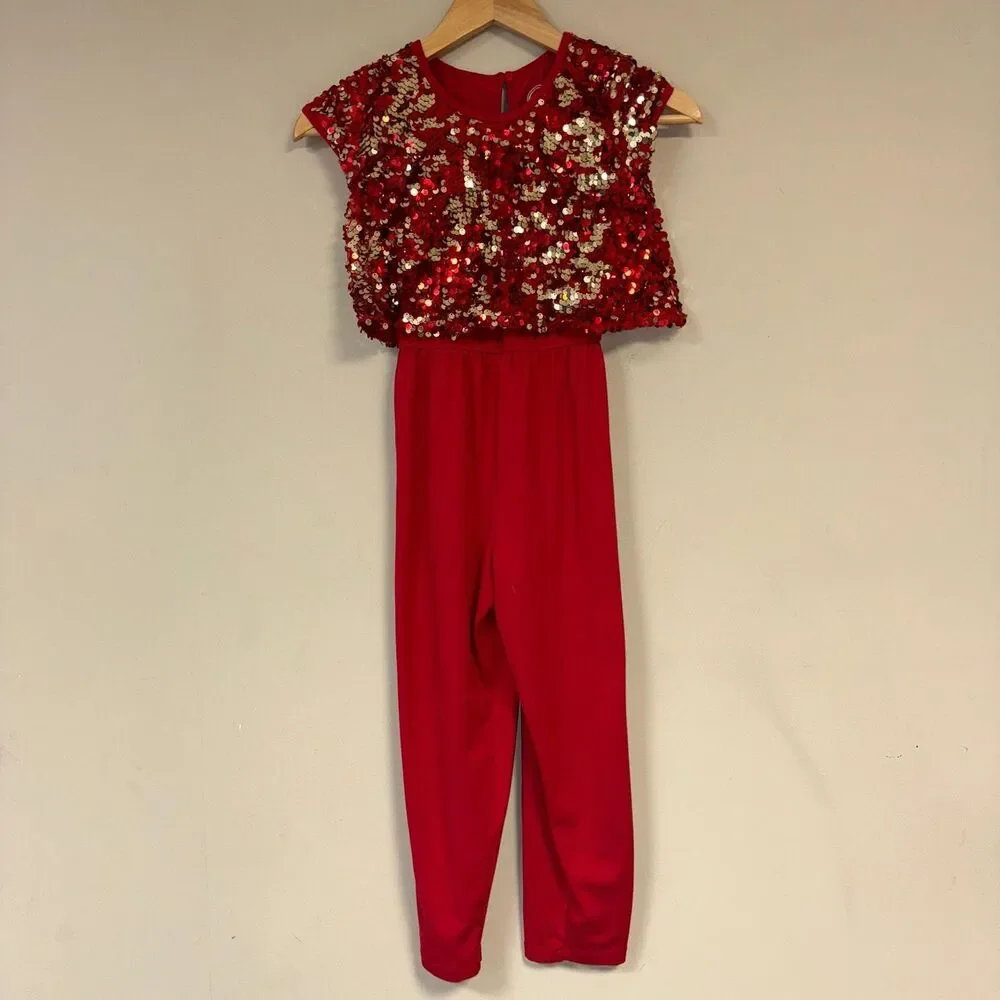 Red Sequin Jumpsuit Girls 7-8 Medium Costume Holiday Party Formal Gold Dress Up